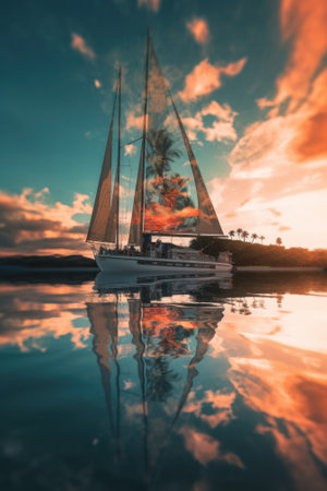 A sailboat in the water with a sunset in the background. Generative AI image.の素材