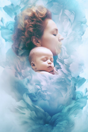 A woman holding a baby in her arms. Generative AI image.の素材