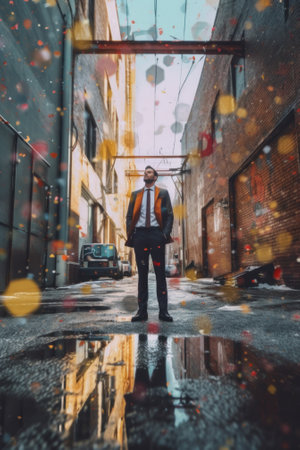 A man in a suit and tie standing on a wet street. Generative AI image.の素材