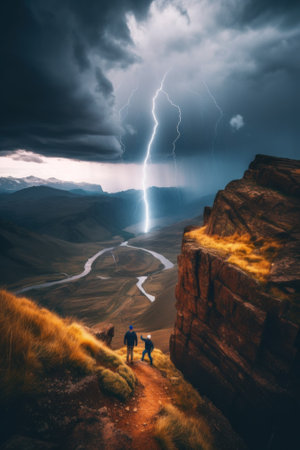 A couple of people standing on top of a mountain. Generative AI image.の素材