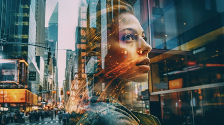 A woman standing in the middle of a city street. Generative AI image.の素材
