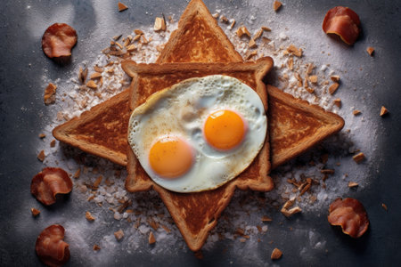 Two eggs are on top of a toasted star. Generative AI image.の素材