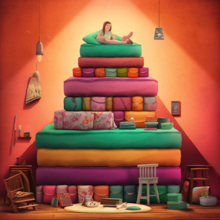 A woman laying on top of a pile of books. Generative AI image.の素材