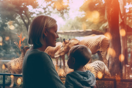 A woman holding a child looking at zebras. Generative AI image.の素材