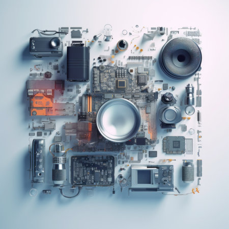 A computer motherboard with many electronic components. Generative AI image.の素材