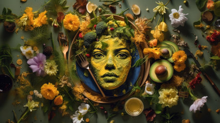 A woman"s face made out of flowers and fruits. Generative AI image.の素材