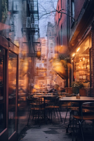 A blurry photo of a street with tables and chairs. Generative AI image.の素材