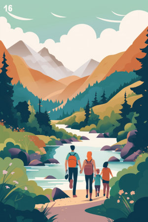 A man and two children walking down a path in the mountains. Generative AI image.の素材