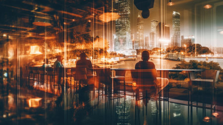A couple of people sitting at a table with a view of a city. Generative AI image.の素材