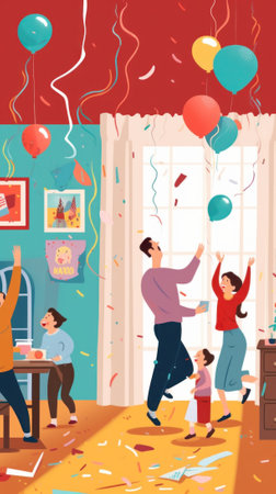 A family celebrating a birthday with balloons and confetti. Generative AI image.の素材