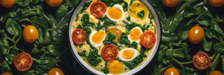 A dish of eggs, tomatoes and spinach on a table. Generative AI image.の素材