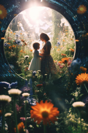 A couple of kids standing in a field of flowers. Generative AI image.の素材