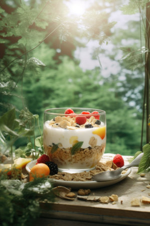 A bowl of cereal, fruit, and a spoon on a window sill. Generative AI image.の素材