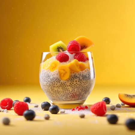A bowl of chia pudding topped with fruit. Generative AI image.の素材