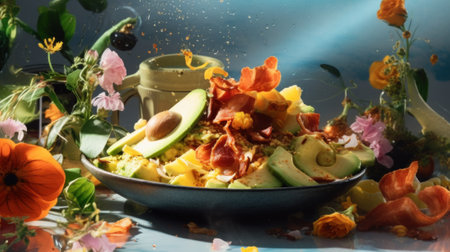A bowl of food with avocado, bacon, and other ingredients. Generative AI image.の素材