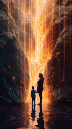 A man and a child standing in front of a waterfall. Generative AI image.の素材