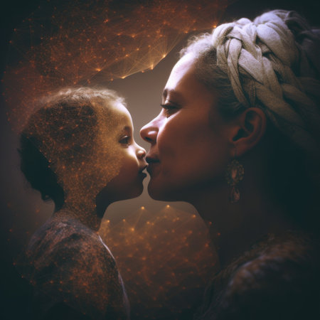 A woman kissing a child with a sparkle background. Generative AI image.の素材