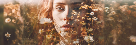 A woman in a field of wild flowers. Generative AI image.の素材