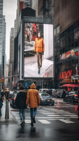 A couple of people walking across a street. Generative AI image.の素材