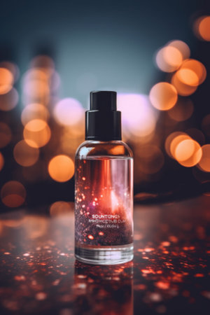 A bottle of perfume sitting on top of a table. Generative AI image.の素材