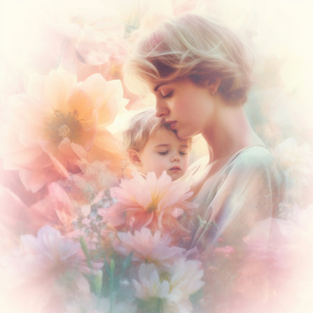 A woman holding a child in front of a bunch of flowers. Generative AI image.の素材