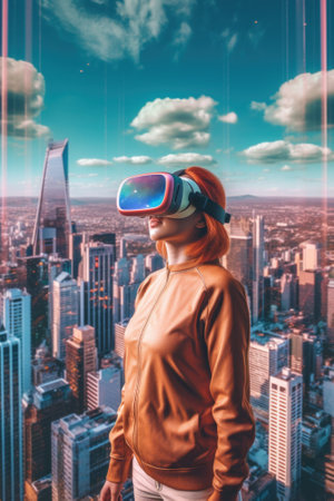 A woman standing on top of a tall building. Generative AI image.の素材