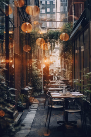 A narrow alleyway with tables and chairs. Generative AI image.の素材