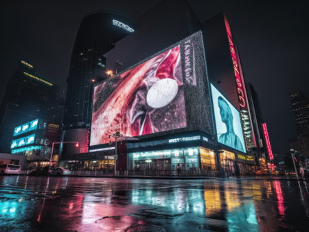 A city street at night in the rain. Generative AI image.の素材