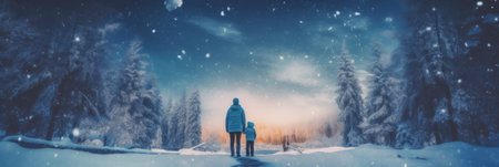 A man and a child are standing in the snow. Generative AI image.の素材
