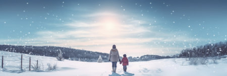 A woman and a child are standing in the snow. Generative AI image.の素材