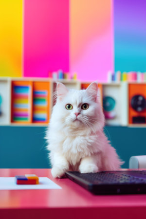 A white cat sitting on top of a desk next to a keyboard. Generative AI image.の素材