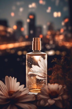 A bottle of perfume sitting on top of a table. Generative AI image.の素材