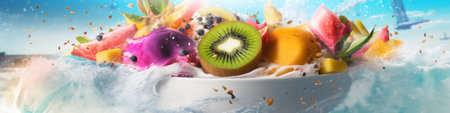 A bowl filled with lots of different kinds of fruit. Generative AI image.の素材