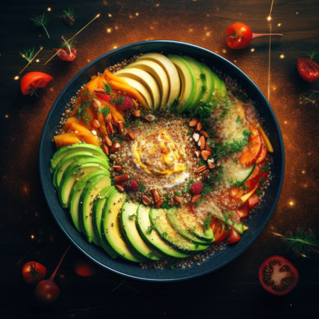 A bowl of food with avocado and tomatoes. Generative AI image.の素材