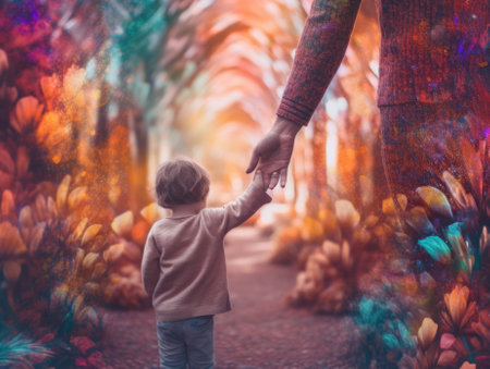 A child holding the hand of an adult. Generative AI image.の素材