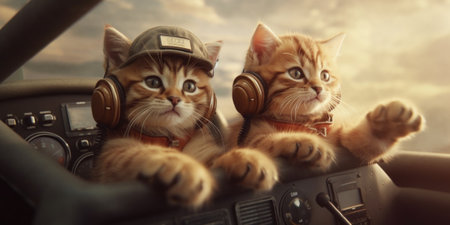 A couple of cats sitting in the drivers seat of a car. Generative AI image.の素材