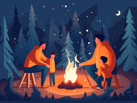 A group of people sitting around a campfire. Generative AI image.の素材
