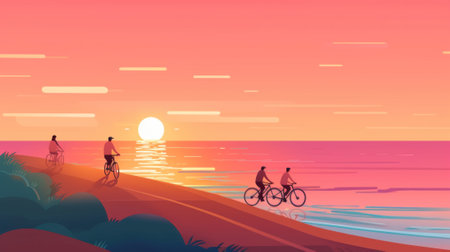 A group of people riding bikes on a beach. Generative AI image.の素材