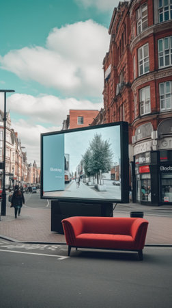 A red couch sitting in the middle of a street. Generative AI image.の素材