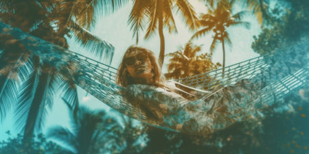 A woman laying in a hammock between palm trees. Generative AI image.の素材