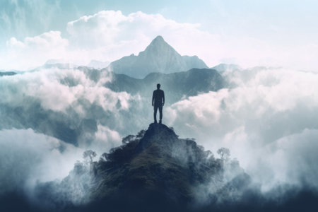 A man standing on top of a mountain in the clouds. Generative AI image.の素材