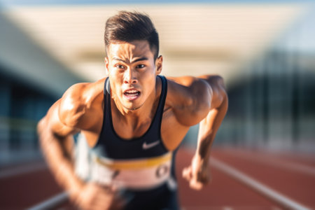 A male athlete is running on a track. Generative AI image.の素材