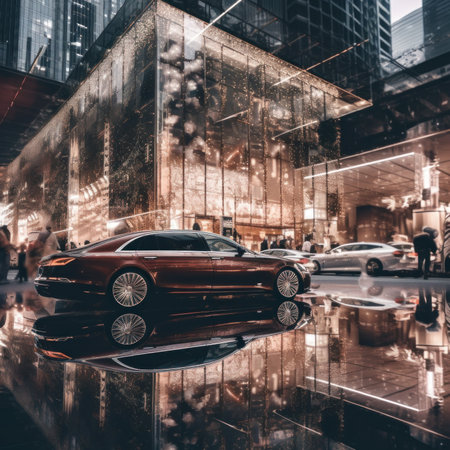 A red car parked in front of a glass building. Generative AI image.の素材