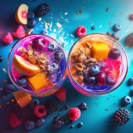Two glasses of fruit and yogurt on a blue surface. Generative AI image.の素材
