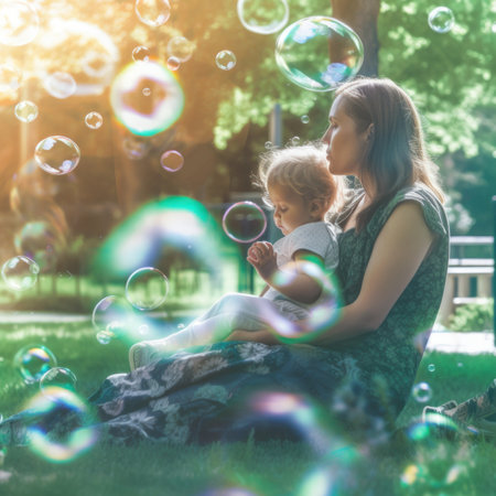 A woman and a child sitting in the grass blowing bubbles. Generative AI image.の素材