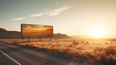 A billboard is on the side of the road. Generative AI image.の素材