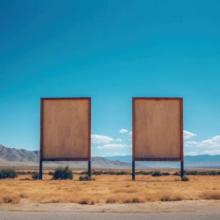Two empty billboards sitting in the middle of a desert. Generative AI image.の素材