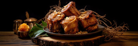 A plate of food on a wooden table. Generative AI image.の素材