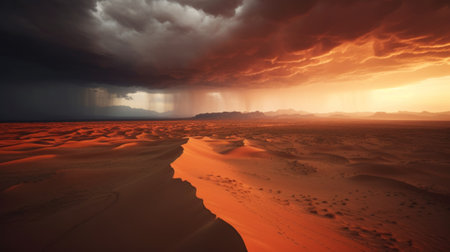 A desert scene with a storm coming in the distance. Generative AI image.の素材