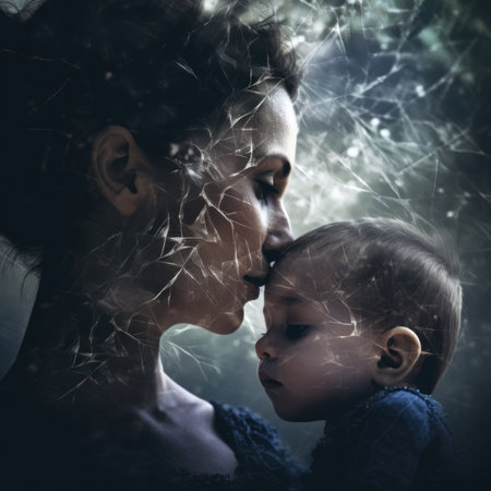 A woman holding a baby in her arms. Generative AI image.の素材